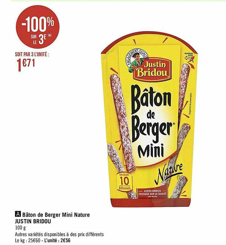 bâton de berver mini nature justin bridou -100% sur le 3e