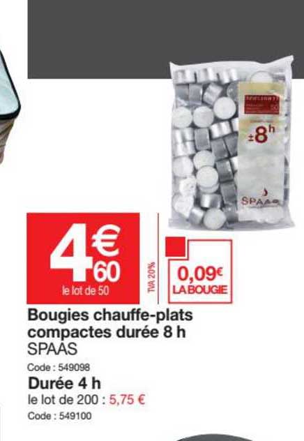 bougies chauffe-plats compactes durée 8h spaas