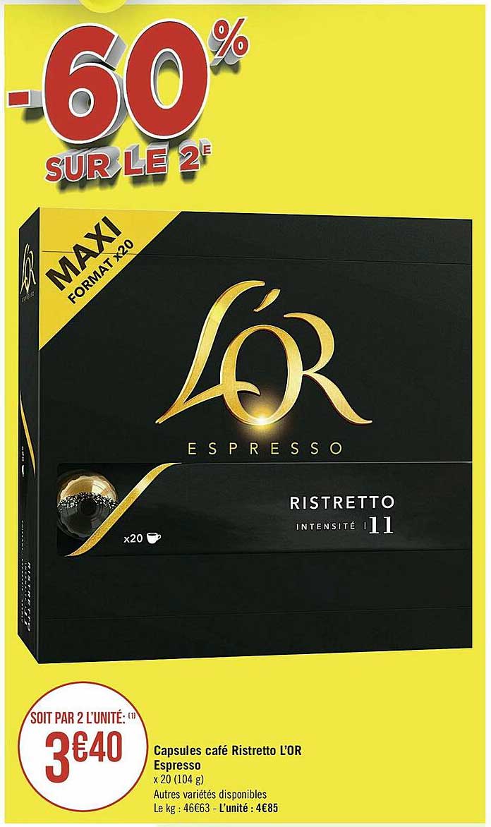 Capsules Café Ristretto L'or Espresso -60% Sur Le 2e