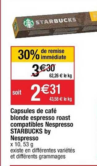 capsules de café blonde espresso roast compatibles nespresso starbucks by nespresso 30% de remise immédiate