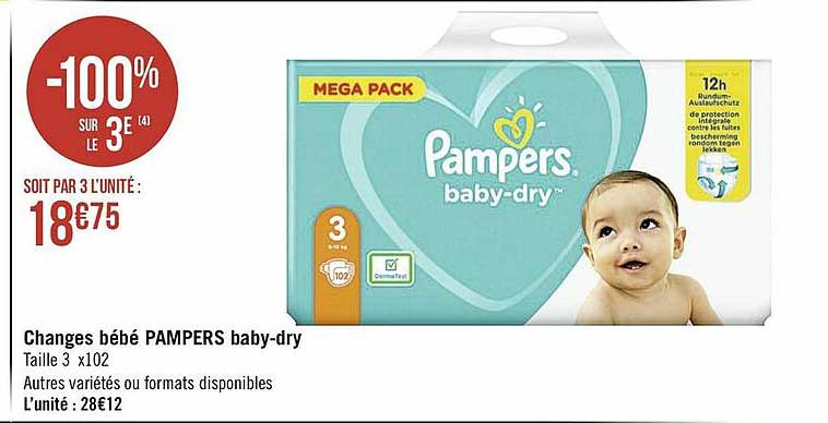 changes bébé pampers baby-dry -100% sur le 3e