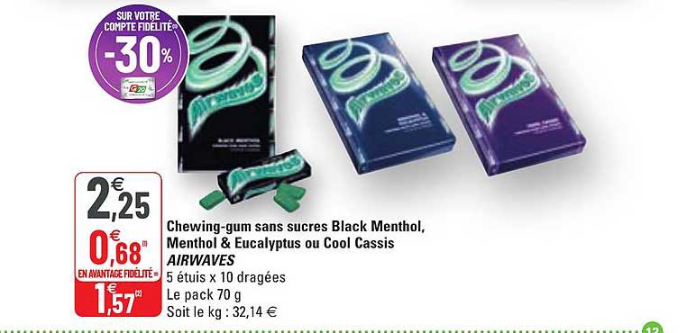 chewing-gum sans sucres black menthol menthol & eucalyptus ou cool cassis airwaves