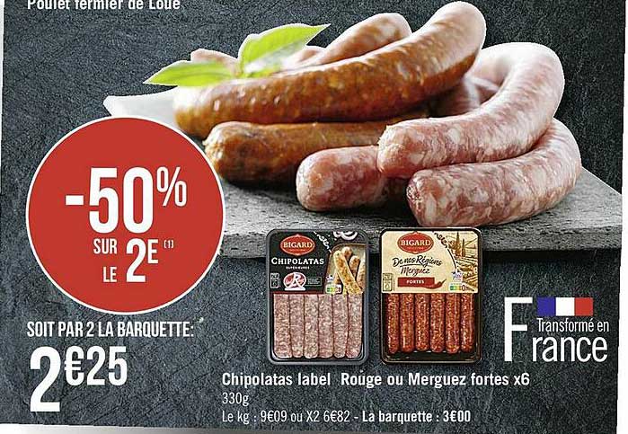 Chipolatas Label Rouge Ou Merguez Fortes X6 -50% Sur Le 2e