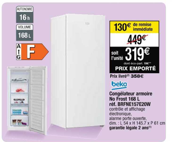 congélateur armoire no frost 168 l réf. brfne157e20w beko