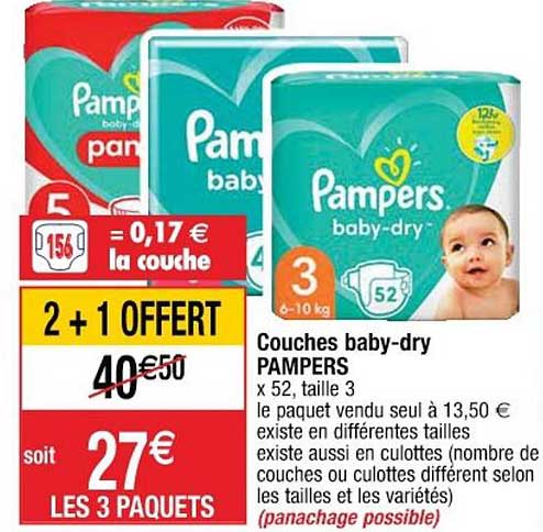 couches baby-dry pampers 2+1 offert