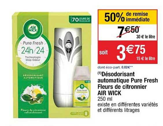 désodorisant automatique pure fresh fleurs de citronnier air wick 50% de remise immédiate