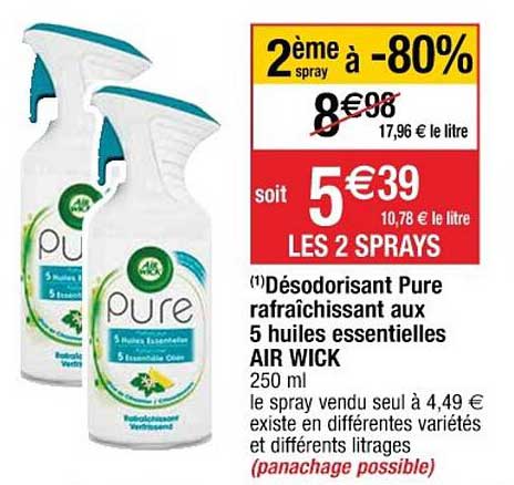 désodorisant pure rafraîchissant aux 5 huiles essentielles air wick 2ème spray à -80%