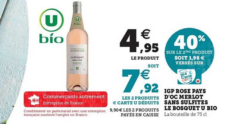 igp rose pays d'oc merlot sans sulfites le bosquet u bio