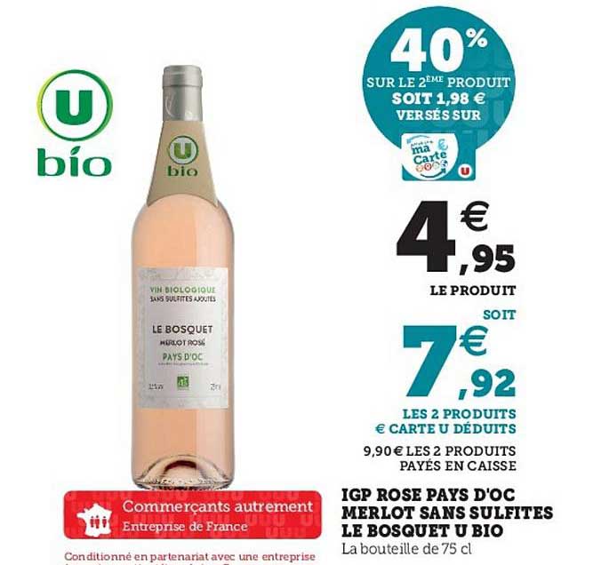igp rosé pays d'oc merlot sans sulfites le bosquet u bio