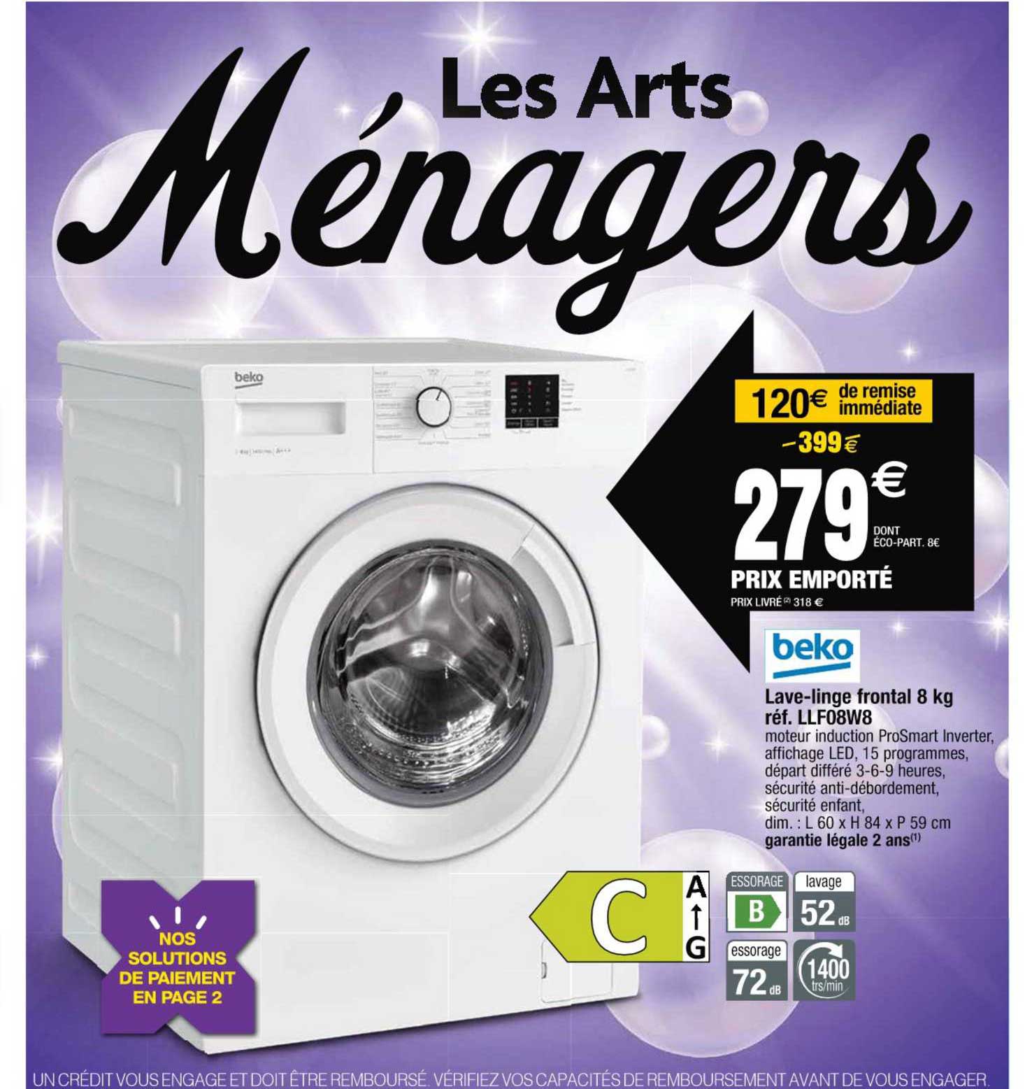 lave-linge frontal 8 kg réf. llf08w8 beko