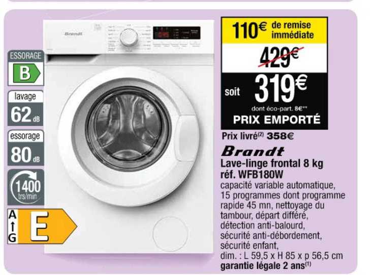 lave-linge frontal 8kg réf. wfb180w brandt