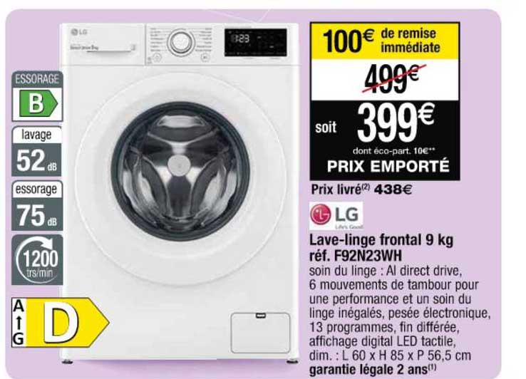 lave-linge frontal 9kg réf. f92n23wh lg