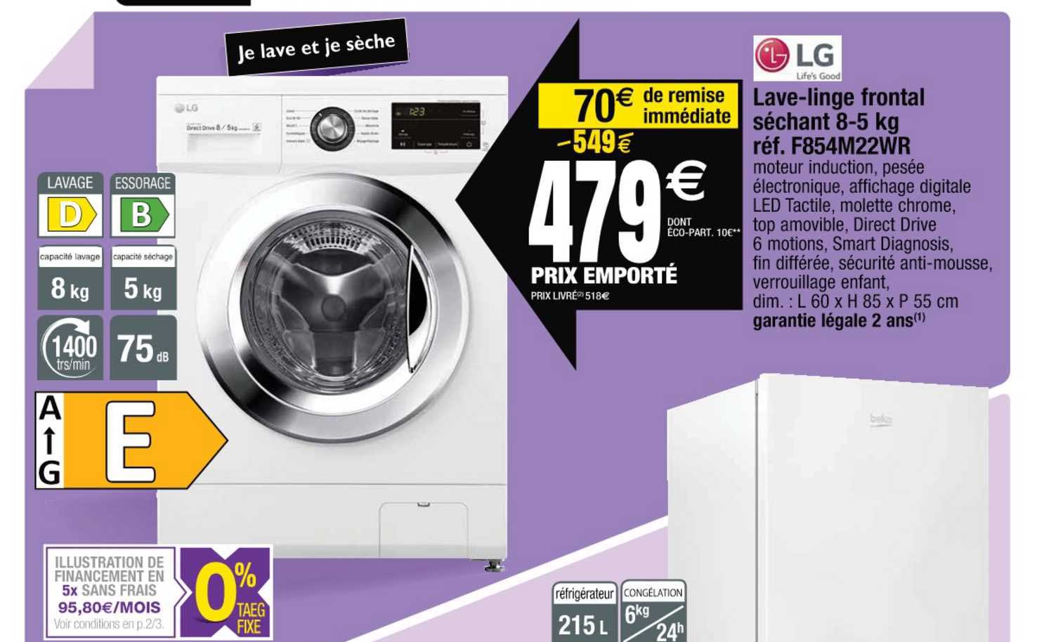 lave-linge frontal séchant 8-5 kg réf. f854m22wr lg