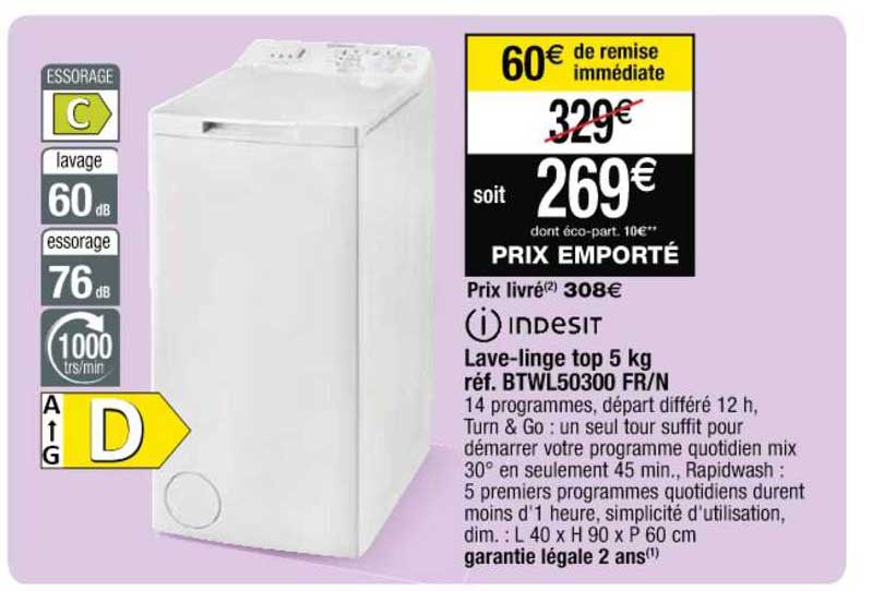 lave-linge top 5kg réf. btwl50300 fr n indesit