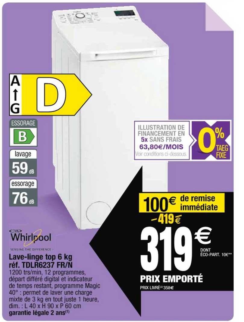 lave-linge top 6 kg réf. tdlr6237 fr n whirlpool