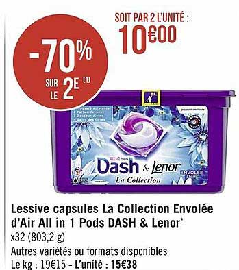 lessive capsules la collection envolée d'air all in 1 pods dash & lenor -70% sur le 2e