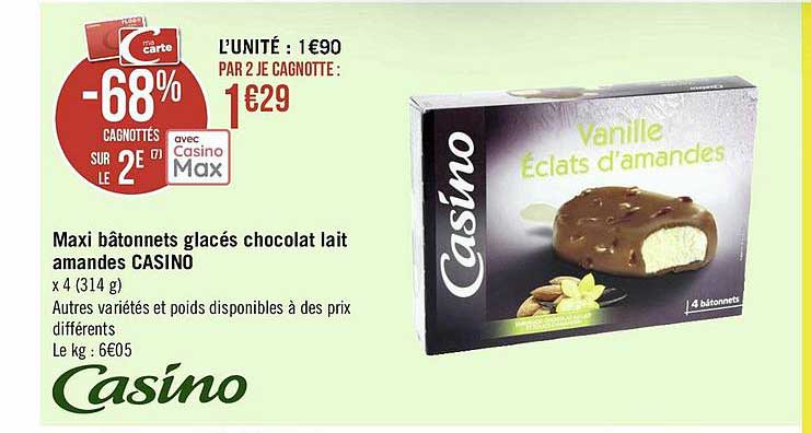 Maxi Bâtonnets Glacés Chocolat Lait Amandes Casino