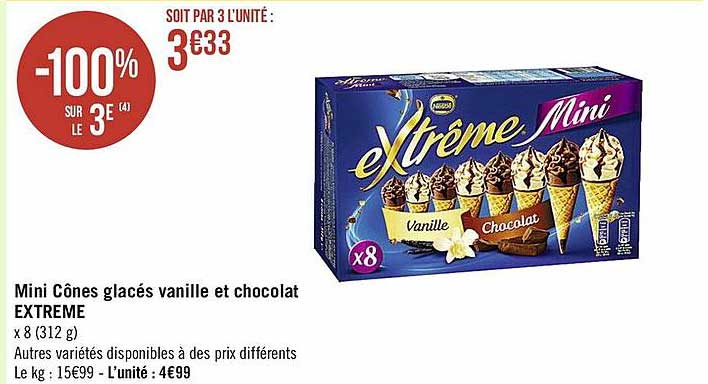 Mini Cônes Glacés Vanille Et Chocolat Extreme -100% Sur Le 3e