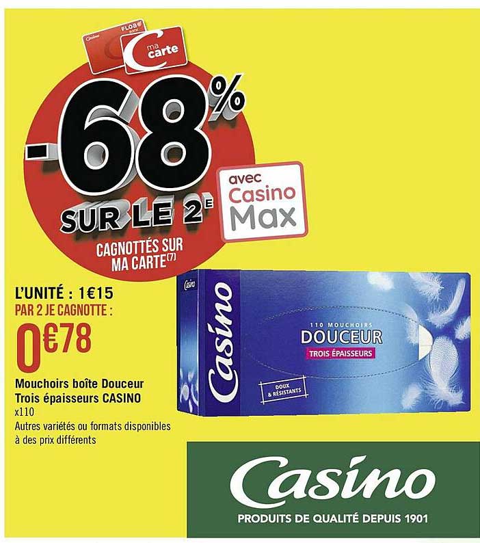 mouchoirs boîte douceur trois épaisseurs casino -68% sur le 2e