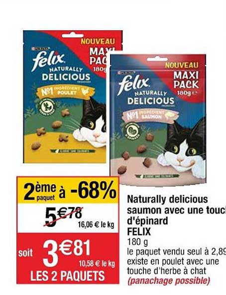 naturally delicious saumon avec une touche d'épinard felix 2ème paquet à -68%