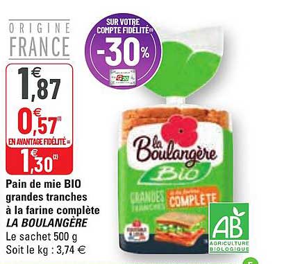 pain de mie bio grandes tranches à la farine complète la boulangère