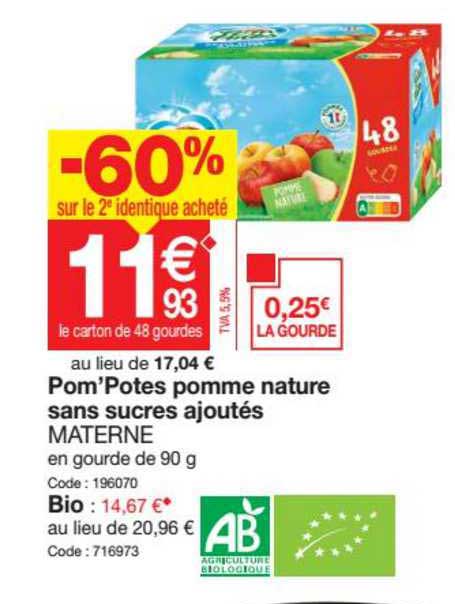pom'potes pomme nature sans sucres ajoutés materne -60% sur le 2e identique acheté
