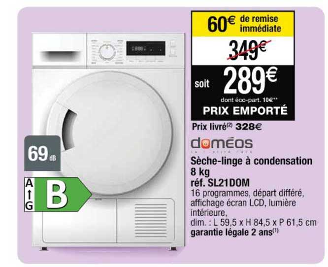 sèche-linge à condensation 8kg réf. sl21dom doméos