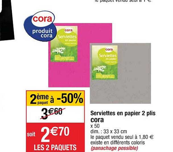 serviettes en papier 2 plis cora 2ème paquet à -50%