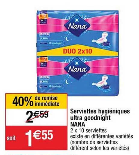 serviettes hygiéniques ultra goodnight nana 40% de remise immédiate