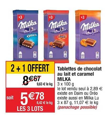 Tablettes De Chocolat Au Lait Et Caramel Milk 2+1 Offert