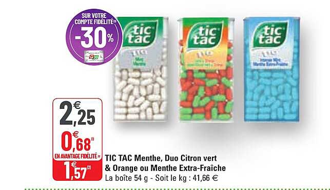 tic tac menthe duo citron vert & orange ou menthe extra-fraîche