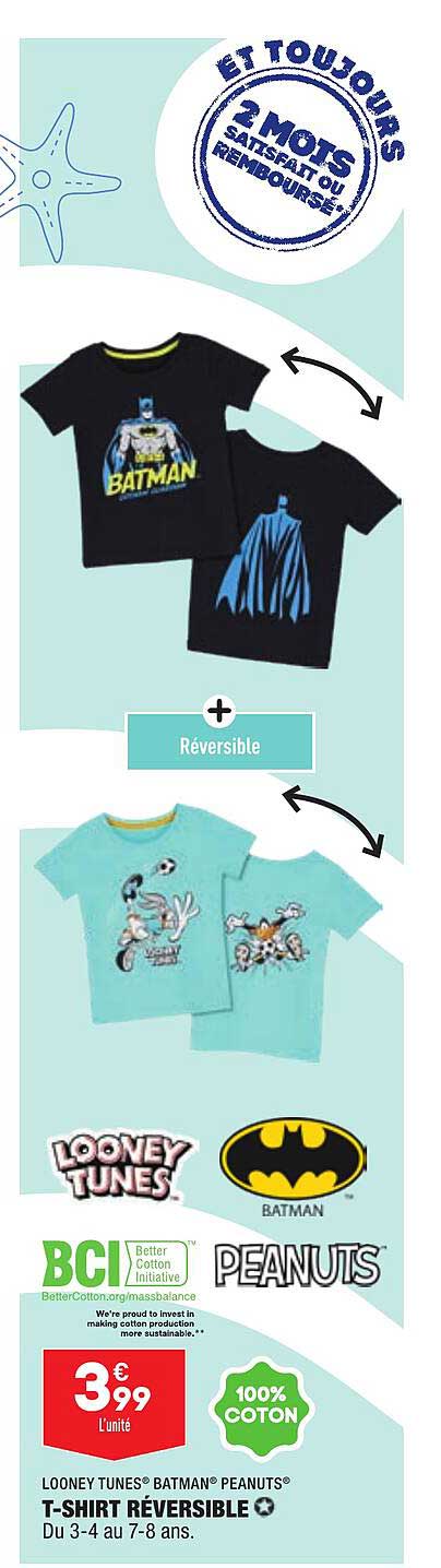 t-shirt réversible looney tunes, batman, peanuts