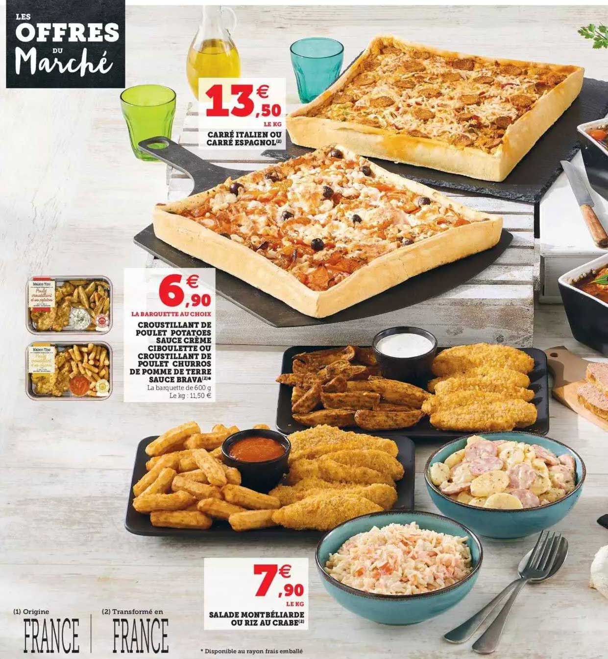 carré italien ou carré espagnol, croustillant de poulet potatoes sauce crème ciboulette ou croustillant de poulet churros de pomme de terre sauce brava, salade montbéliarde ou riz au crabe