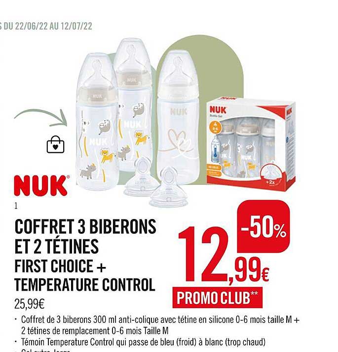 coffret 3 biberons et 2 tétines first choice + température control nuk