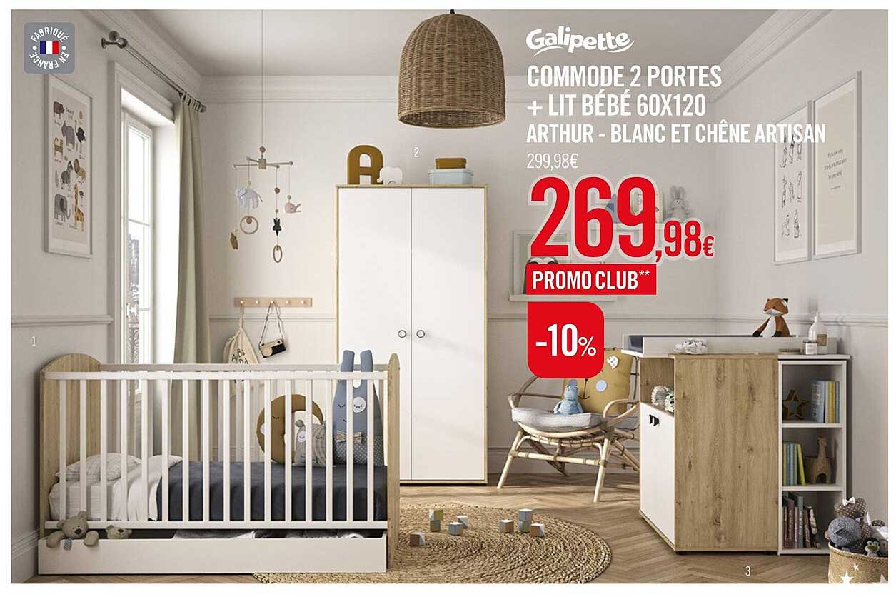 commode 2 portes + lit bébé 60 x 120 arthur - blanc et chêne artisan galipette