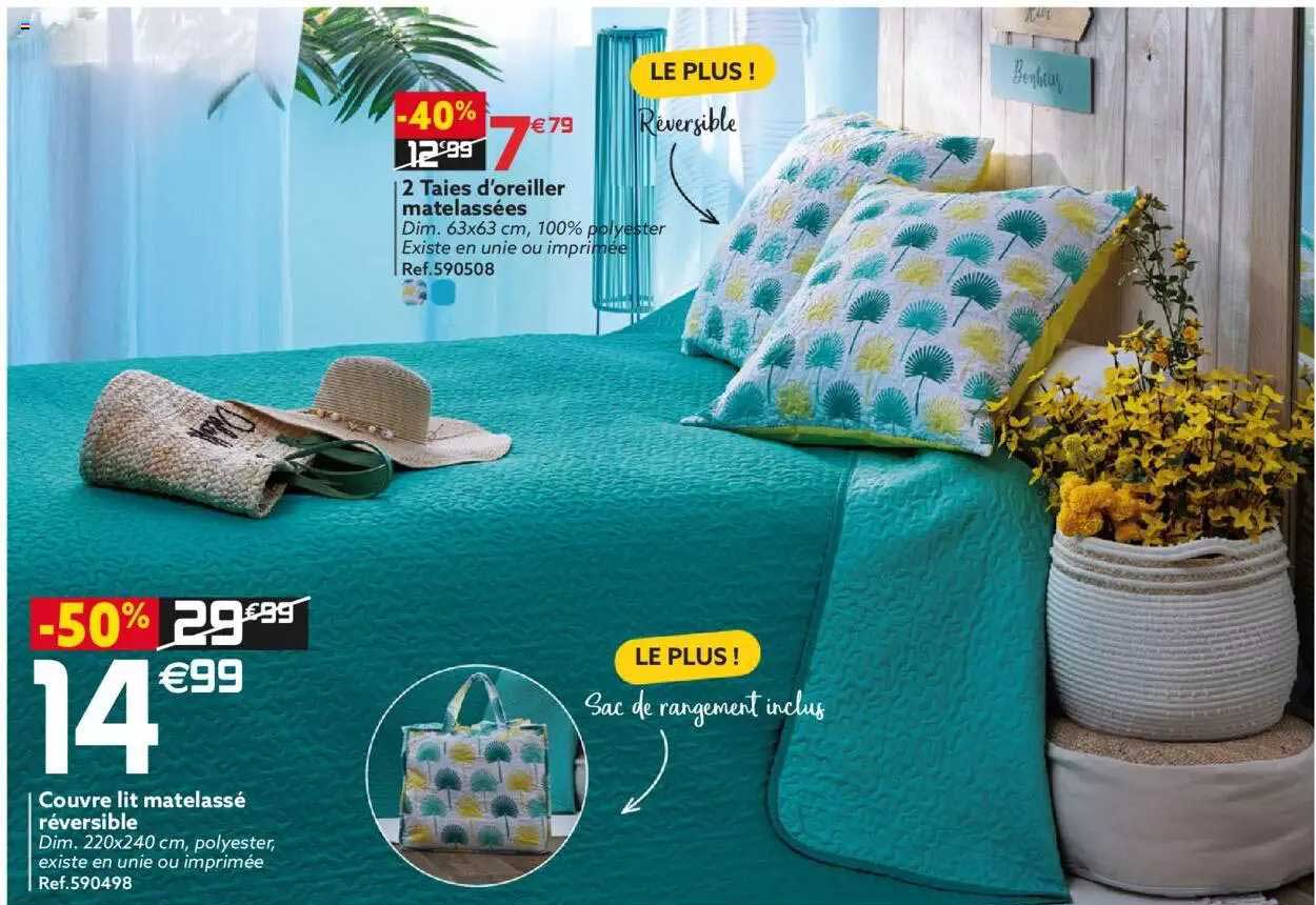 couvre lit matelassé réversible, 2 taies d'oreiller matelassées