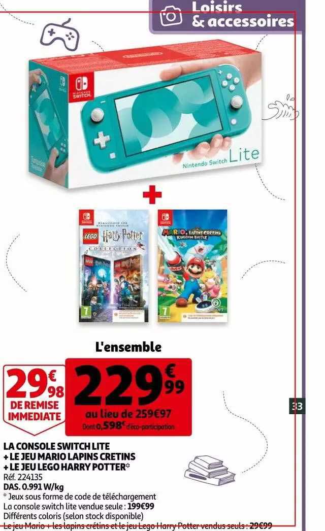 la console switch lite + le jeu mario lapins cretins + le jeu lego harry potter