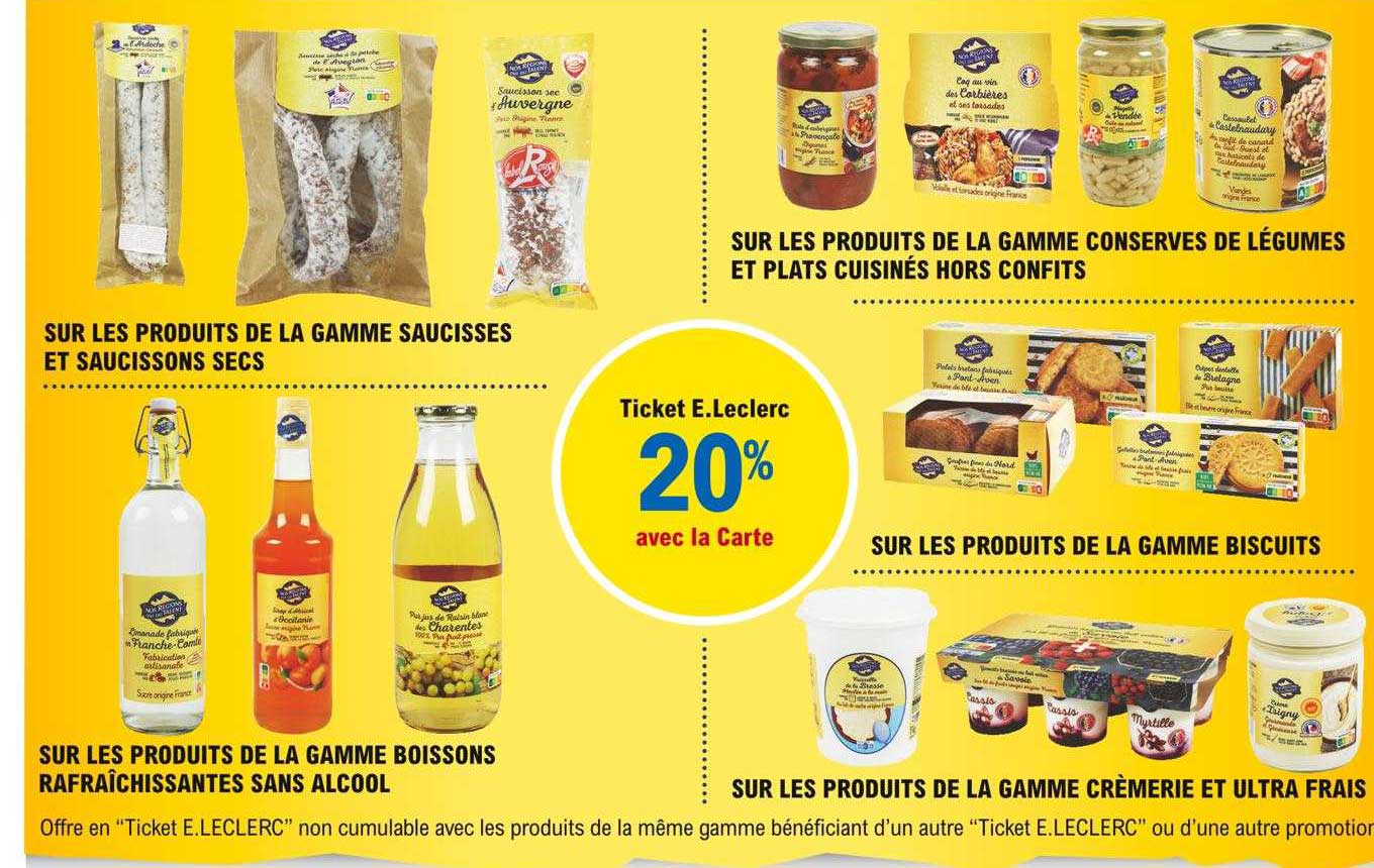 la gamme saucisses et saucissons secs, la gamme boissons rafraîchissantes sans alcool, la gamme conservés de légumes et plats cuisinés hors confits, la gamme biscuits, la gamme crèmerie et ultra frais