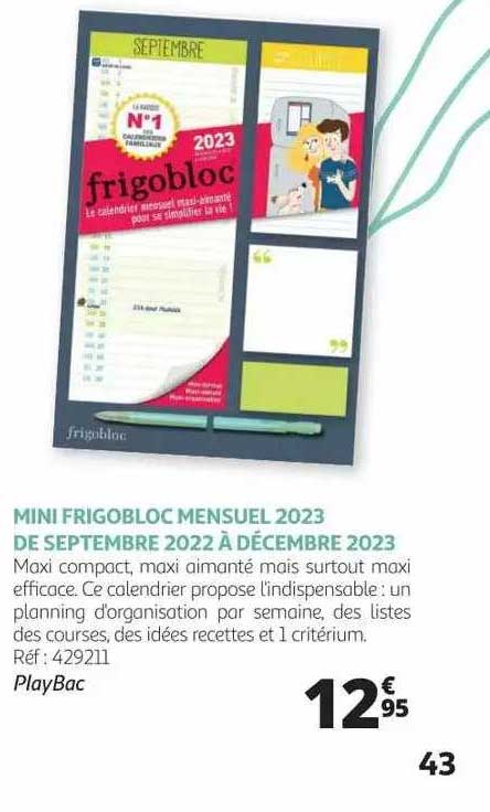 mini frigobloc mensuel 2023 de septembre 2022 à décembre 2023 - playbac