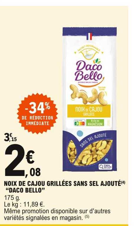 noix de cajou grillées sans sel ajouté "daco bello"