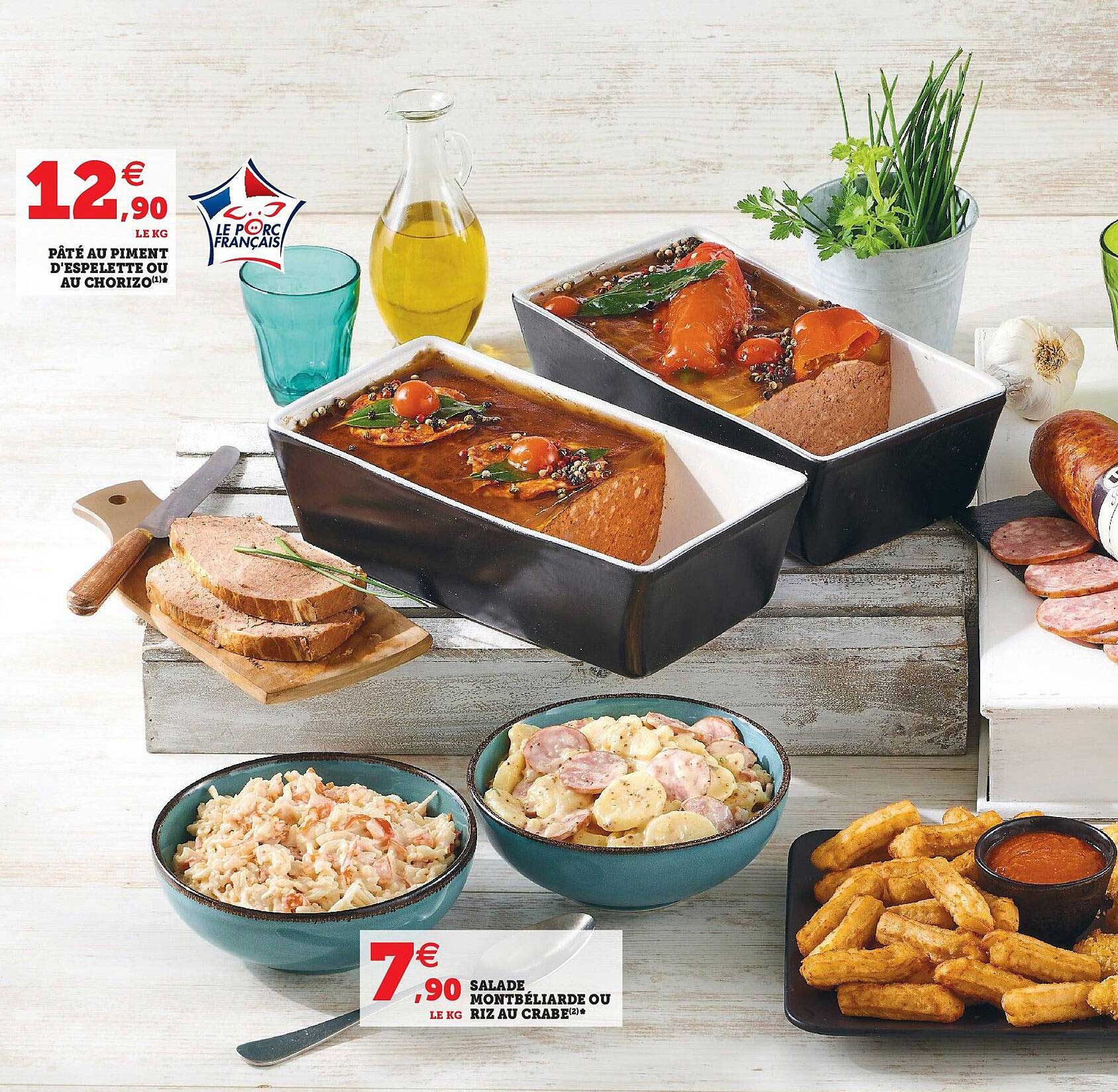pâté au piment d'espelette ou au chorizo, salade montbéliarde ou riz au crabe