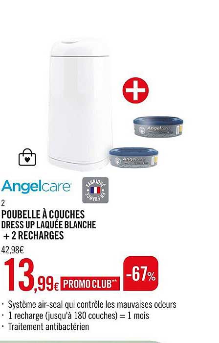 poubelle à couches dress up laquée blanche + 2 recharges angelcare