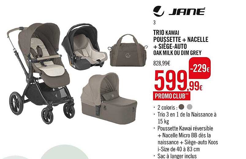 trio kawai poussette + nacelle + siège-auto oak milk ou dim grey