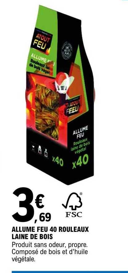 allume feu 40 rouleaux laine de bois