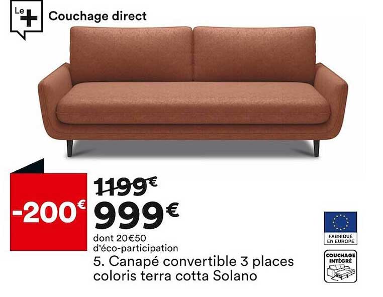 Canapé Convertible 3 Places Coloris Terra Cotta Solano