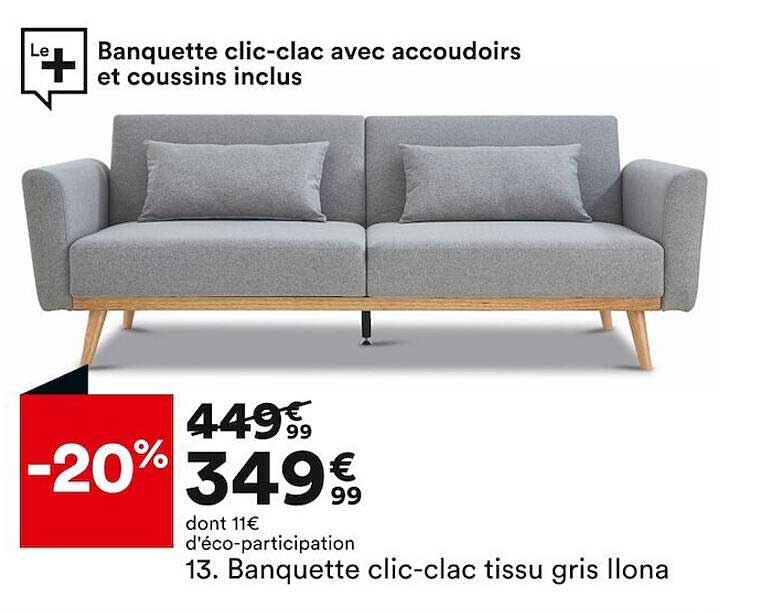 banquette clic-clac tissu gris llona