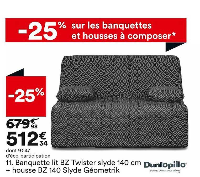 banquette lit bz twister slyde 140 cm + housse bz 140 slyde géometrik dunlopillo