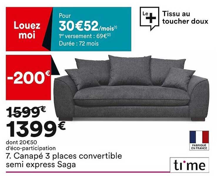 canapé 3 places convertible semi express saga ti'me