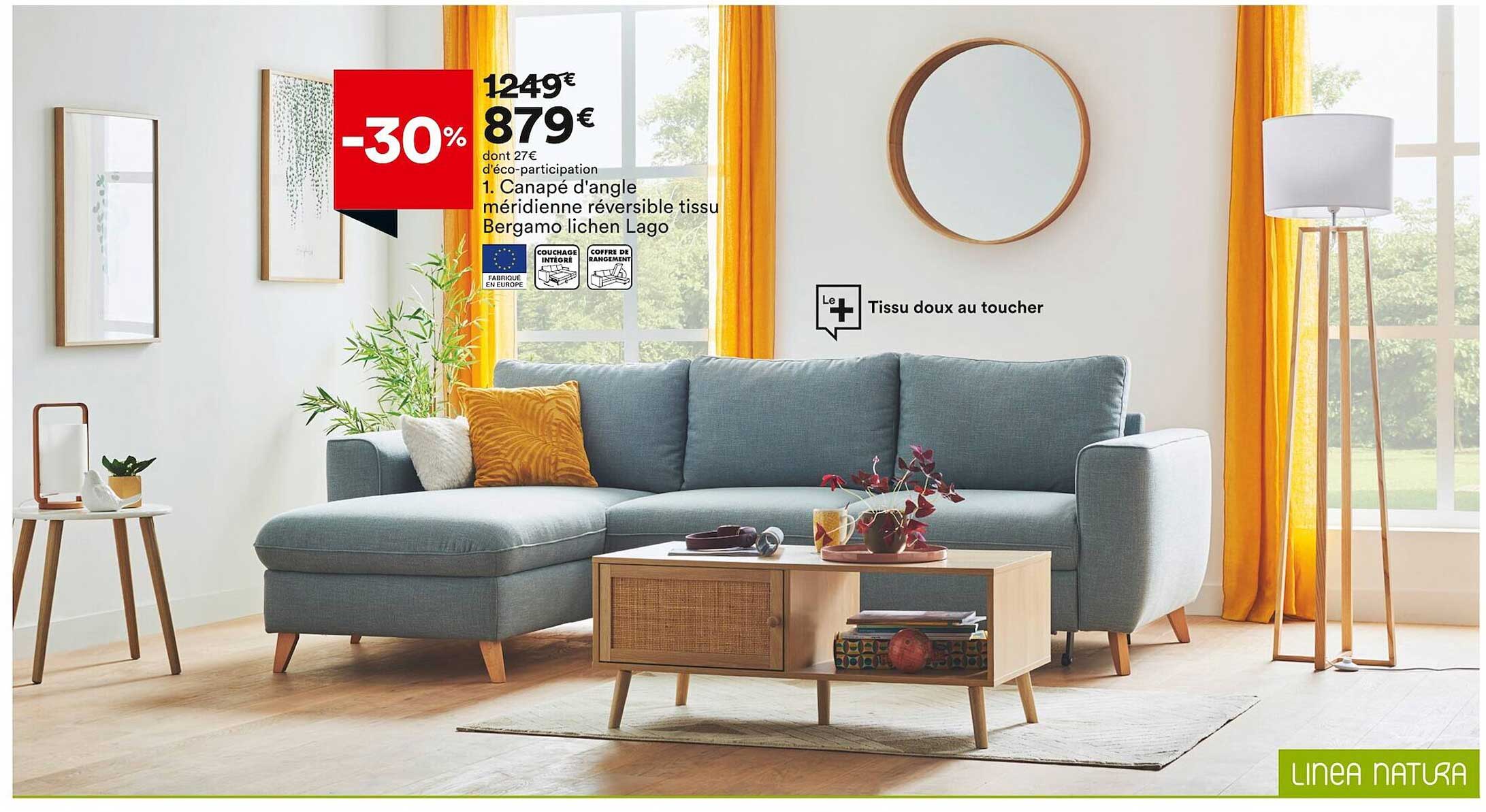 canapé d'angle méridienne réversible tissu bergamo lichen lago linea natura