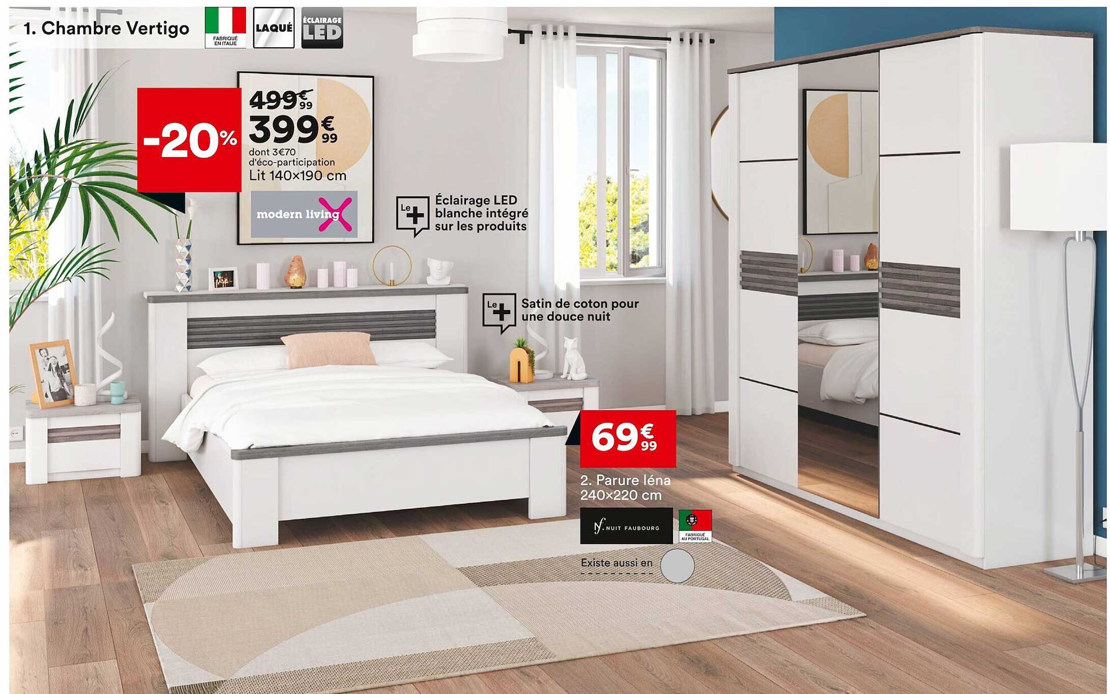 lit 140 x 190 cm modern living, parure léna 240 x 220 cm nuit faubourg